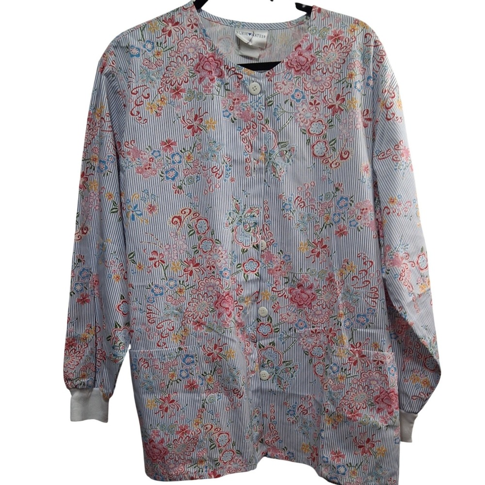 Nurse Mates Floral Stripe Button Front Scrub Jacket Women's Size X Large